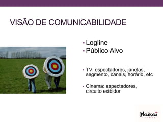 VISÃO DE COMUNICABILIDADE
• Logline
• Público Alvo
• TV: espectadores, janelas,
segmento, canais, horário, etc
• Cinema: espectadores,
circuito exibidor
 