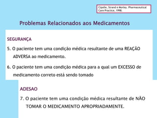 Problemas Relacionados aos Medicamentos
Cipolle, Strand e Morley. Pharmaceutical
Care Practice, 1998.
SEGURANÇA
5. O paciente tem uma condição médica resultante de uma REAÇÃO
ADVERSA ao medicamento.
6. O paciente tem uma condição médica para a qual um EXCESSO de
medicamento correto está sendo tomado
ADESAO
7. O paciente tem uma condição médica resultante de NÃO
TOMAR O MEDICAMENTO APROPRIADAMENTE.
 