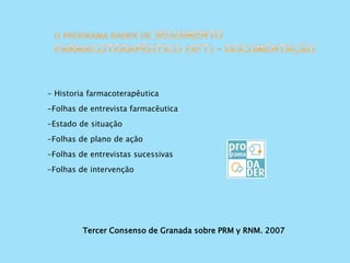 Tercer Consenso de Granada sobre PRM y RNM. 2007
- Historia farmacoterapêutica
-Folhas de entrevista farmacêutica
-Estado de situação
-Folhas de plano de ação
-Folhas de entrevistas sucessivas
-Folhas de intervenção
 