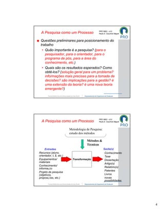 PRO 5803 - v3.0
  A Pesquisa como um Processo                  Paulo A. Cauchick Miguel



 Questões preliminares para posicionamento do
 trabalho
  • Quão importante é a pesquisa? (para o
    pesquisador, para o orientador, para o
    programa de pós, para a área do
    conhecimento, etc.)
  • Quais são os resultados esperados? Como
    obtê-los? (solução geral para um problema?
    informações mais precisas para a tomada de
    decisões? são implicações para a gestão? é
    uma extensão da teoria? é uma nova teoria
    emergente?)




                                               PRO 5803 - v3.0
  A Pesquisa como um Processo                  Paulo A. Cauchick Miguel



                          Metodologia de Pesquisa:
                          estudo dos métodos

                                      Métodos &
                                      Técnicas
     Entradas                                        Saída(s)
Recursos (aluno,                                      Conhecimento
orientador, t, $, etc.)                               Tese
Equipamentos/               Transformação             Dissertação
materiais
                                                      Artigo(s)
Conhecimento/
                                                      Relatório(s)
informação
                                                      Patentes
Projeto de pesquisa
(objetivos,                                           Livros
proposições, etc.)                                    novas
                                                      possibilidades




                                                                          4
 