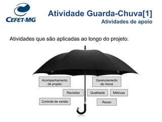 Atividade Guarda-Chuva[1]
Atividades de apoio
Atividades que são aplicadas ao longo do projeto.
Acompanhamento
de projeto
Gerenciamento
de riscos
QualidadeRevisões Métricas
ReusoControle de versão
 