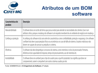 Atributos de um BOM
software
Fonte: SOMMERVILLE, IAN.Engenharia de Software. 9ª edição.
 