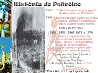 História do Petróleo1922 -A Shell descobre um poço gigante de Maracaibo, na Venezuela.1948 -Descoberto poço gigante na Arábia Saudita. Começa a recuperação após a segunda guerra mundial.Crises do Petróleo1951, 1956, 1967,1973 e 1979A primeira e segunda crise foi aconteceu devido a nacionalização dos poços. No Irã e no Egito (Canal de Suez), respectivamente.A terceira, quarta e quinta crise aconteceu por conta de guerras.  Guerra dos Seis Dias ( Israel e paisesArábes)