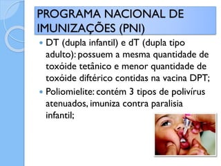  DT (dupla infantil) e dT (dupla tipo
adulto): possuem a mesma quantidade de
toxóide tetânico e menor quantidade de
toxóide diftérico contidas na vacina DPT;
 Poliomielite: contém 3 tipos de polivírus
atenuados, imuniza contra paralisia
infantil;
PROGRAMA NACIONAL DE
IMUNIZAÇÕES (PNI)
 