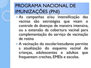  As campanhas e/ou intensificação das
vacinas são estratégias que visam o
controle de doenças de maneira intensiva,
ou a extensão da cobertura vacinal para
complementação do serviço de vacinação
de rotina
 A vacinação do escolar/estudante permite
a atualização do esquema vacinal de
crianças, adolescentes e adultos que
frequentam creches, EMEIs e escolas.
PROGRAMA NACIONAL DE
IMUNIZAÇÕES (PNI)
 