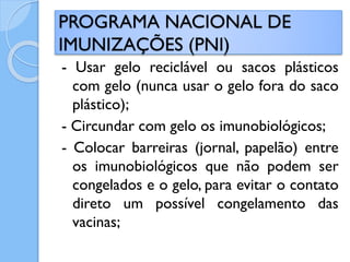 - Usar gelo reciclável ou sacos plásticos
com gelo (nunca usar o gelo fora do saco
plástico);
- Circundar com gelo os imunobiológicos;
- Colocar barreiras (jornal, papelão) entre
os imunobiológicos que não podem ser
congelados e o gelo, para evitar o contato
direto um possível congelamento das
vacinas;
PROGRAMA NACIONAL DE
IMUNIZAÇÕES (PNI)
 