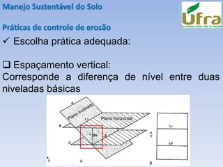 Manejo Sustentável do Solo
Práticas de controle de erosão
✓ Escolha prática adequada:
❑ Espaçamento vertical:
Corresponde a diferença de nível entre duas
niveladas básicas
Plano horizontal
 
