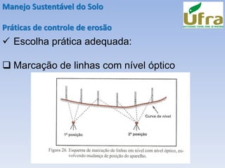 Manejo Sustentável do Solo
Práticas de controle de erosão
✓ Escolha prática adequada:
❑ Marcação de linhas com nível óptico
 