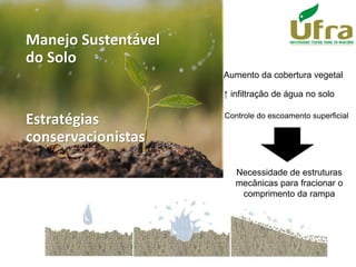 Manejo Sustentável
do Solo
Estratégias
conservacionistas
↑ infiltração de água no solo
Aumento da cobertura vegetal
Controle do escoamento superficial
Necessidade de estruturas
mecânicas para fracionar o
comprimento da rampa
 