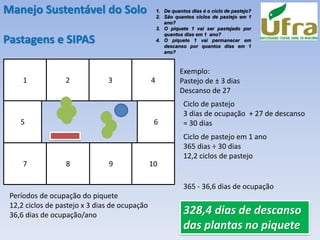 Exemplo:
Pastejo de ± 3 dias
Descanso de 27
Ciclo de pastejo
3 dias de ocupação + 27 de descanso
= 30 dias
Ciclo de pastejo em 1 ano
365 dias ÷ 30 dias
12,2 ciclos de pastejo
Períodos de ocupação do piquete
12,2 ciclos de pastejo x 3 dias de ocupação
36,6 dias de ocupação/ano
365 - 36,6 dias de ocupação
328,4 dias de descanso
das plantas no piquete
1 2 3 4
6
5
7 8 9 10
1. De quantos dias é o ciclo de pastejo?
2. São quantos ciclos de pastejo em 1
ano?
3. O piquete 1 vai ser pastejado por
quantos dias em 1 ano?
4. O piquete 1 vai permanecer em
descanso por quantos dias em 1
ano?
Manejo Sustentável do Solo
Pastagens e SIPAS
 
