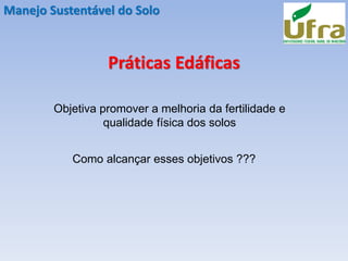 Manejo Sustentável do Solo
Práticas Edáficas
Objetiva promover a melhoria da fertilidade e
qualidade física dos solos
Como alcançar esses objetivos ???
 