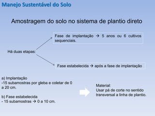 Amostragem do solo no sistema de plantio direto
Há duas etapas:
Fase de implantação → 5 anos ou 6 cultivos
sequenciais.
Fase estabelecida → após a fase de implantação
a) Implantação
-15 subamostras por gleba e coletar de 0
a 20 cm.
b) Fase estabelecida
- 15 subamostras → 0 a 10 cm.
Material:
Usar pá de corte no sentido
transversal a linha de plantio.
Manejo Sustentável do Solo
 