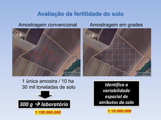 1 única amostra / 10 ha
30 mil toneladas de solo
Amostragem convencional
Ronan Souza
Avaliação da fertilidade do solo
300 g → laboratório
1:100.000.000
Ronan Souza
Amostragem em grades
Identifica a
variabilidade
espacial de
atributos do solo
1:10.000.000
 
