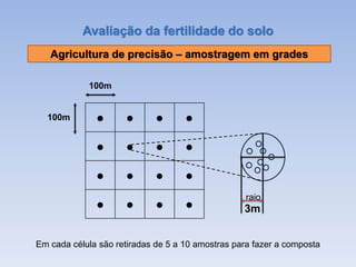Agricultura de precisão – amostragem em grades
Em cada célula são retiradas de 5 a 10 amostras para fazer a composta
Avaliação da fertilidade do solo
● ● ● ●
● ● ● ●
● ● ● ●
● ● ● ●
raio
3m
100m
100m
 