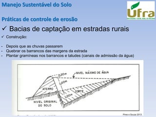 Manejo Sustentável do Solo
Práticas de controle de erosão
✓ Bacias de captação em estradas rurais
✓ Construção:
- Depois que as chuvas passarem
- Quebrar os barrancos das margens da estrada
- Plantar gramíneas nos barrancos e taludes (canais de admissão da água)
Pires e Souza 2013
 
