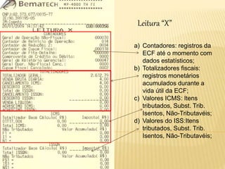 Leitura “X”
a) Contadores: registros da
ECF até o momento com
dados estatísticos;
b) Totalizadores fiscais:
registros monetários
acumulados durante a
vida útil da ECF;
c) Valores ICMS: Itens
tributados, Subst. Trib.
Isentos, Não-Tributavéis;
d) Valores do ISS:Itens
tributados, Subst. Trib.
Isentos, Não-Tributavéis;
 