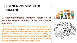 O DESENVOLVIMENTO
HUMANO
O desenvolvimento humano refere-se ao
desenvolvimento mental e ao crescimento
orgânico.
A moral da obediência da criança pequena é
substituída pela autonomia moral do adolescente
ou, outro exemplo, a noção de que o objeto existe só
quando a criança o vê (antes dos 2 anos) é
substituída, posteriormente, pela capacidade de
atribuir ao objeto sua conservação, mesmo quando
ele não está presente no seu campo visual.
 