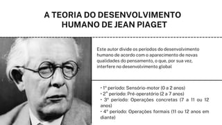 A TEORIA DO DESENVOLVIMENTO
HUMANO DE JEAN PIAGET
Este autor divide os períodos do desenvolvimento
humano de acordo com o aparecimento de novas
qualidades do pensamento, o que, por sua vez,
interfere no desenvolvimento global
• 1º período: Sensório-motor (0 a 2 anos)
• 2° período: Pré-operatório (2 a 7 anos)
• 3º período: Operações concretas (7 a 11 ou 12
anos)
• 4º período: Operações formais (11 ou 12 anos em
diante)
 
