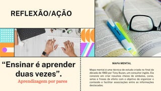 REFLEXÃO/AÇÃO
Mapa mental é uma técnica de estudo criada no final da
década de 1960 por Tony Buzan, um consultor inglês. Ela
consiste em criar resumos cheios de símbolos, cores,
setas e frases de efeito com o objetivo de organizar o
conteúdo e facilitar associações entre as informações
destacadas.
MAPA MENTAL
“Ensinar é aprender
duas vezes”.
Aprendizagem por pares
 
