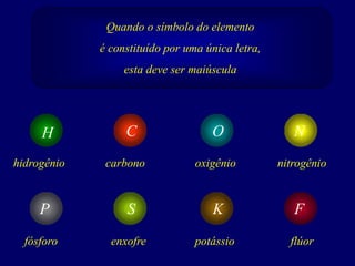 hidrogênio
Quando o símbolo do elemento
é constituído por uma única letra,
esta deve ser maiúscula
carbono oxigênio nitrogênio
H C O N
fósforo enxofre potássio flúor
P S K F
 