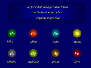 Se for constituída por duas letras,
a primeira é maiúscula e a
segunda minúscula
hélio cálcio sódio níquel
He Ca Na Ni
polônio mercúrio prata ferro
Po Hg Ag Fe
 