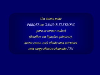Um átomo pode
PERDER ou GANHAR ELÉTRONS
para se tornar estável
(detalhes em ligações químicas),
nestes casos, será obtida uma estrutura
com carga elétrica chamada ÍON
 