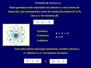 NÚMERO DE MASSA (A)
Outra grandeza muito importante nos átomos é o seu número de
massa (A), que corresponde à soma do número de prótons (Z ou P)
com o n.º de nêutrons (N)
Com esta mesma expressão poderemos, também calcular o
n.º atômico e o n.º de nêutrons do átomo
5 prótons
6 nêutrons
5 elétrons
A = 5 + 6
A = 11
A = Z + N
Z = A – N e N = A – Z
 