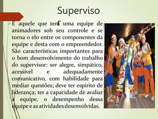 Superviso
r
É aquele que tem uma equipe de
animadores sob seu controle e se
torna o elo entre os componentes da
equipe e desta com o empreendedor.
São características importantes para
o bom desenvolvimento do trabalho
do supervisor: ser alegre, simpático,
acessível e adequadamente
comunicativo, com habilidade para
mediar questões; deve ter espírito de
liderança; ter a capacidade de avaliar
a equipe, o desempenho dessa
equipee as atividadesdesenvolvidas.
 
