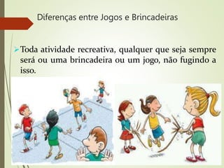 Diferenças entre Jogos e Brincadeiras
Toda atividade recreativa, qualquer que seja sempre
será ou uma brincadeira ou um jogo, não fugindo a
isso.
 
