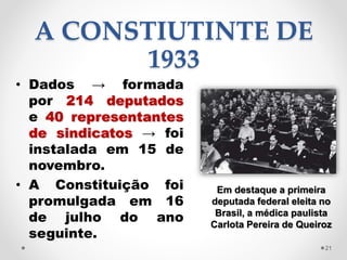 A CONSTIUTINTE DE
1933
• Dados → formada
por 214 deputados
e 40 representantes
de sindicatos → foi
instalada em 15 de
novembro.
• A Constituição foi
promulgada em 16
de julho do ano
seguinte.
Em destaque a primeira
deputada federal eleita no
Brasil, a médica paulista
Carlota Pereira de Queiroz
21
 