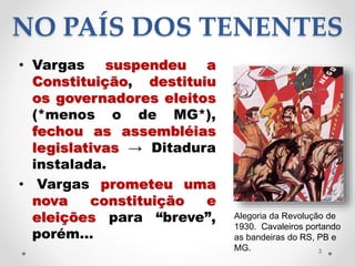 NO PAÍS DOS TENENTES
• Vargas suspendeu a
Constituição, destituiu
os governadores eleitos
(*menos o de MG*),
fechou as assembléias
legislativas → Ditadura
instalada.
• Vargas prometeu uma
nova constituição e
eleições para “breve”,
porém...
3
Alegoria da Revolução de
1930. Cavaleiros portando
as bandeiras do RS, PB e
MG.
 