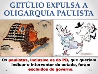 GETÚLIO EXPULSA A
OLIGARQUIA PAULISTA
Os paulistas, inclusive os do PD, que queriam
indicar o interventor do estado, foram
excluídos do governo. 5
 
