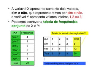 • A variável X apresente somente dois valores,
  sim e não, que representaremos por sim e não.
  a variável Y apresenta valores inteiros 1,2 ou 3.
• Podemos escrever a tabela de frequências
  conjunta de X e Y:
   (X,Y)    Frequência          Tabela de frequência marginal de X
  (sim,1)       4
                         XY    1      2       3      Total
  (sim,2)       2
                         sim    4      2       2      8
  (sim,3)       2
                         nao    5      6       1      12
  (nao,1)       5
  (nao,2)       6        Total 9       8       3      20

  (nao,3)       1
   Total       20        Tabela de frequência marginal de Y
 