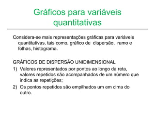 Gráficos para variáveis
              quantitativas
Considera-se mais representações gráficas para variáveis
  quantitativas, tais como, gráfico de dispersão, ramo e
  folhas, histograma.

GRÁFICOS DE DISPERSÃO UNIDIMENSIONAL
1) Valores representados por pontos ao longo da reta,
   valores repetidos são acompanhados de um número que
   indica as repetições;
2) Os pontos repetidos são empilhados um em cima do
   outro.
 