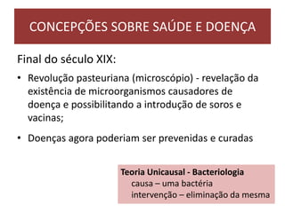 Final do século XIX:
• Revolução pasteuriana (microscópio) - revelação da
existência de microorganismos causadores de
doença e possibilitando a introdução de soros e
vacinas;
• Doenças agora poderiam ser prevenidas e curadas
CONCEPÇÕES SOBRE SAÚDE E DOENÇA
Teoria Unicausal - Bacteriologia
causa – uma bactéria
intervenção – eliminação da mesma
 