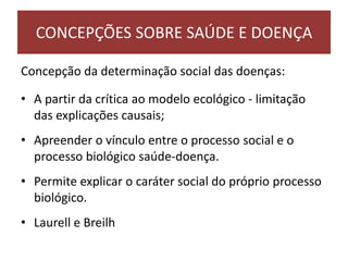 Concepção da determinação social das doenças:
• A partir da crítica ao modelo ecológico - limitação
das explicações causais;
• Apreender o vínculo entre o processo social e o
processo biológico saúde-doença.
• Permite explicar o caráter social do próprio processo
biológico.
• Laurell e Breilh
CONCEPÇÕES SOBRE SAÚDE E DOENÇA
 