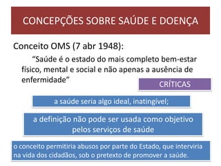 Conceito OMS (7 abr 1948):
“Saúde é o estado do mais completo bem-estar
físico, mental e social e não apenas a ausência de
enfermidade”
CONCEPÇÕES SOBRE SAÚDE E DOENÇA
CRÍTICAS
a saúde seria algo ideal, inatingível;
a definição não pode ser usada como objetivo
pelos serviços de saúde
o conceito permitiria abusos por parte do Estado, que interviria
na vida dos cidadãos, sob o pretexto de promover a saúde.
 