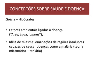 Grécia – Hipócrates
• Fatores ambientais ligados à doença
(“Ares, água, lugares”);
• Idéia de miasma: emanações de regiões insalubres
capazes de causar doenças como a malária (teoria
miasmática – Malária)
CONCEPÇÕES SOBRE SAÚDE E DOENÇA
 