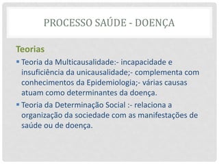 PROCESSO SAÚDE - DOENÇA
Teorias
 Teoria da Multicausalidade:- incapacidade e
insuficiência da unicausalidade;- complementa com
conhecimentos da Epidemiologia;- várias causas
atuam como determinantes da doença.
 Teoria da Determinação Social :- relaciona a
organização da sociedade com as manifestações de
saúde ou de doença.
 