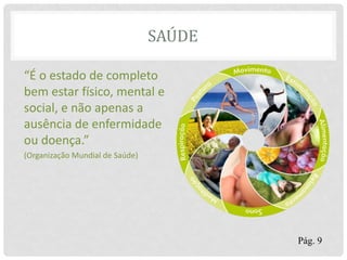 SAÚDE
“É o estado de completo
bem estar físico, mental e
social, e não apenas a
ausência de enfermidade
ou doença.”
(Organização Mundial de Saúde)
Pág. 9
 