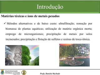Introdução
 Métodos alternativos e de baixo custo: ultrafiltração; remoção por
biomassa de plantas aquáticas; utilização de matéria orgânica morta;
emprego de microrganismos; precipitação de metais por solos
incinerados; precipitação e flotação de sulfetos e resinas de troca-iônica.
Profa. Daniela Machado
Matérias tóxicas e íons de metais pesados
 