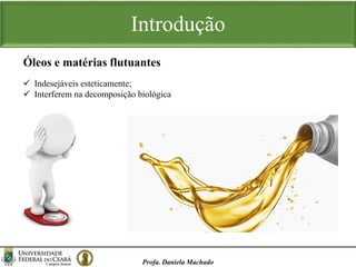 Introdução
Profa. Daniela Machado
 Indesejáveis esteticamente;
 Interferem na decomposição biológica
Óleos e matérias flutuantes
 