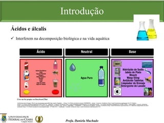 Introdução
Profa. Daniela Machado
 Interferem na decomposição biológica e na vida aquática
Ácidos e álcalis
 