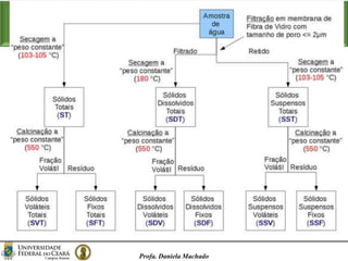 Características Físicas
Profa. Daniela Machado
 Os sólidos suspensos são importantes como e são realizados na superfície de partículas;
 Quanto menor o tamanho das partículas, maior a superfície por unidade de massa de
partículas e, por isso, quanto maior a carga poluente que é susceptível de ser
transportada;
Sólidos Suspensos
 
