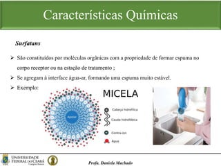 Características Químicas
Profa. Daniela Machado
 São constituídos por moléculas orgânicas com a propriedade de formar espuma no
corpo receptor ou na estação de tratamento ;
 Se agregam à interface água-ar, formando uma espuma muito estável.
 Exemplo: Alquil-benzeno-sulfonado
Surfatans
 