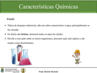 Características Químicas
Profa. Daniela Machado
 Típico de despejos industriais, dão um sabor característico a água, principalmente se
for clorada;
 Os fenóis são tóxicos, destroem todos os tipos de células.
 Devido a esta ação sobre os micro-organismos, possuem ação anti-séptica e são
usados como desinfetantes.
Fenóis
 
