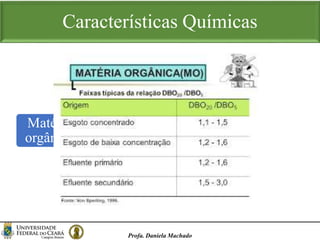 Características Químicas
Profa. Daniela Machado
Medidas de verificar a M.O. presente
Matéria
orgânica
DBO
DQO
Formas de
nitrogênio
 