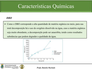 Características Químicas
Profa. Daniela Machado
 Como o DBO corresponde a alta quantidade de matéria orgânica no meio, para sua
total decomposição há o uso do oxigênio dissolvido na água, caso a matéria orgânica
seja muito abundante, a decomposição pode ser anaeróbia, tendo como resultados
substâncias que podem degradar a qualidade da água.
DBO
 