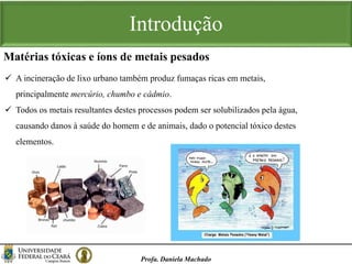 Introdução
Profa. Daniela Machado
Matérias tóxicas e íons de metais pesados
 A incineração de lixo urbano também produz fumaças ricas em metais,
principalmente mercúrio, chumbo e cádmio.
 Todos os metais resultantes destes processos podem ser solubilizados pela água,
causando danos à saúde do homem e de animais, dado o potencial tóxico destes
elementos.
 