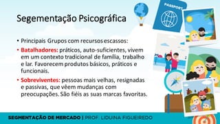 Segementação Psicográfica
• Principais	Grupos	com	recursos	escassos:
• Batalhadores:	práticos,	auto-suficientes,	vivem
em um	contexto tradicional de	família,	trabalho
e	lar.	Favorecem produtos básicos,	práticos e	
funcionais.
• Sobreviventes:	pessoas mais velhas,	resignadas
e	passivas,	que	vêem mudanças com	
preocupações.	São	fiéis as	suas marcas favoritas.
 